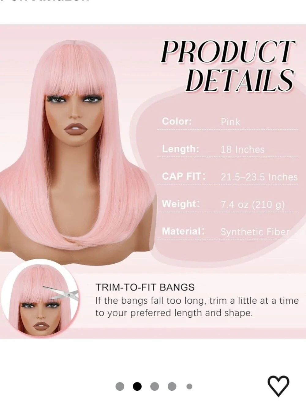 Pink Wig with Bangs 18 Inch Long Straight Colorful Synthetic Wigs for Women